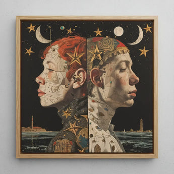 Nightingales - Lesbian Twins Art Print / Canvas Framed Artwork Two Side-by-side Profiles Celestial Map-like Patterns, Bold Statements Prints