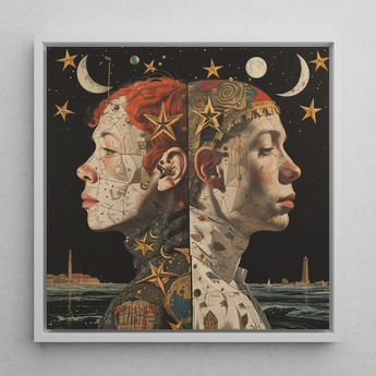Nightingales - Lesbian Twins Art Print / Canvas Framed Artwork Two Side-by-side Profiles Celestial Map-like Patterns Lesbian Twins Art, Art