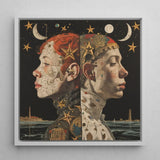 Nightingales - Lesbian Twins Art Print / Canvas Framed Artwork Two Side-by-side Profiles Celestial Map-like Patterns, Bold Statements Prints