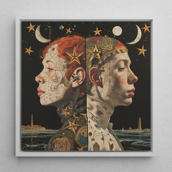 Nightingales - Lesbian Twins Art Print / Canvas Framed Artwork Two Side-by-side Profiles Celestial Map-like Patterns, Bold Statements Prints