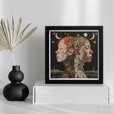 Nightingales - Lesbian Twins Art Print / Canvas Framed Surrealist Artwork Two Profile Faces Celestial Natural, Bold Statements Prints