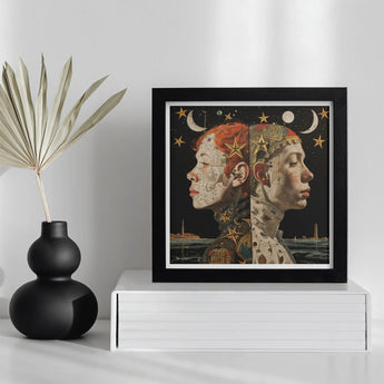 Nightingales - Lesbian Twins Art Print / Canvas Framed Surrealist Artwork Two Profile Faces Celestial Natural, Bold Statements Prints