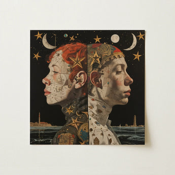 Nightingales - Lesbian Twins Art Print / Canvas Square-framed Artwork Two Side-profiled Faces Starry Night Sky Lesbian Twins Art, Art