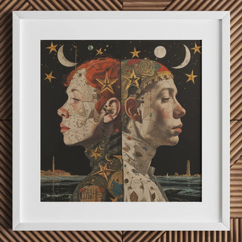 Nightingales - Lesbian Twins Art Print / Canvas White Framed Artwork Two Profiled Faces Split Middle, Bold Statements Prints