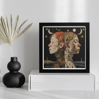 Nightingales - Lesbian Twins Art Print, Framed Surrealist Artwork Two Profile Faces Celestial Natural