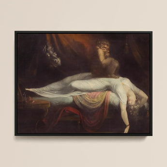The Nightmare - Johann Heinrich Fussli Art Print / Canvas Black-framed Reproduction Classical Painting Figure White Red Drapery, Blind