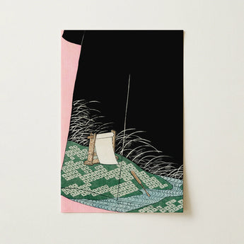 Rectangular Notebook Black Pink Green Illustrated Cover Traditional Nightscape Illustration, Art Print, Watanabe Seitei Turns, Meiji -era,
