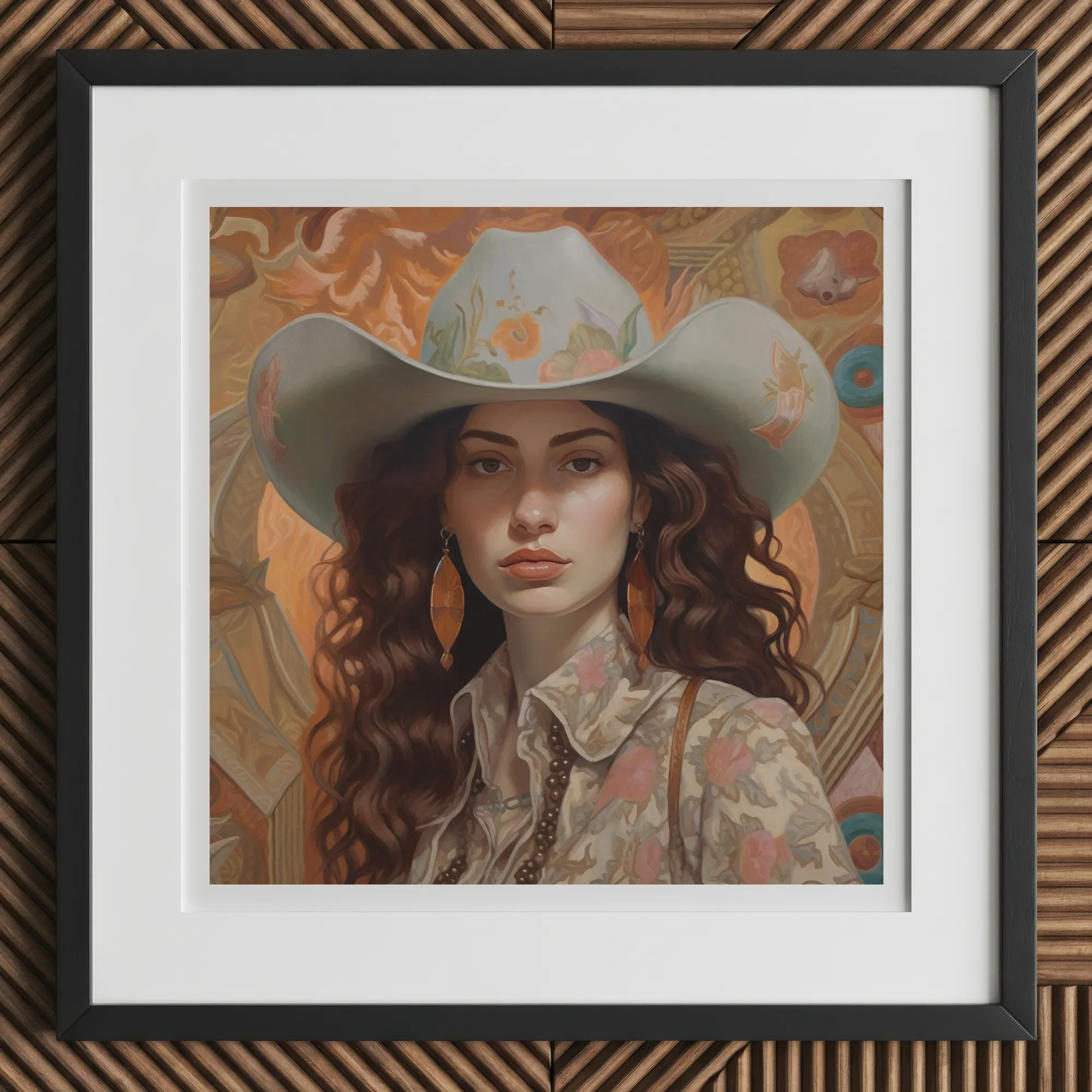 Nina - Femme Jewish Lesbian Cowgirl Art Print, 12x12’’ / 31x31cm / Black Frame / 2’’ Matboard, Framed Painting Woman Cowboy Hat