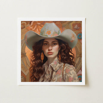 Nina - Femme Jewish Lesbian Cowgirl Art Print / Canvas Square-framed Artwork Woman Light Gray Cowboy Hat Adorned, Gay Prints
