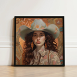 Framed Portrait Woman Light Blue Floral Cowboy Hat Jewish Lesbian Cowgirl, Art, Gay