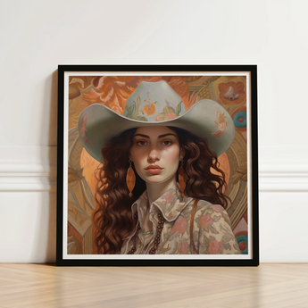 Framed Artwork Woman Light Blue Floral Cowboy Hat Jewish Lesbian Cowgirl, Art, Gay