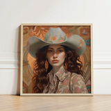 Framed Portrait Woman Light Blue Cowboy Hat Adorned Jewish Lesbian Cowgirl, Art, Gay