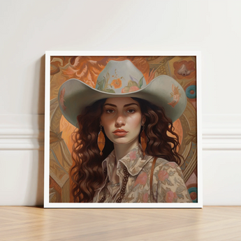 Framed Artwork Woman Light Blue Floral Cowboy Hat Jewish Lesbian Cowgirl, Art, Gay