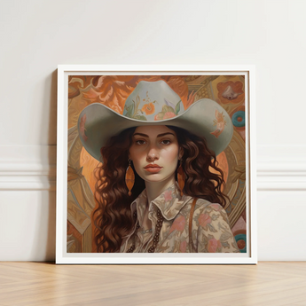 Framed Painting Woman Light Blue Floral Cowboy Hat Jewish Lesbian Cowgirl, Art, Gay