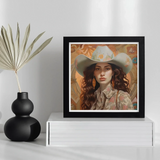 Nina - Femme Jewish Lesbian Cowgirl Art Print / Canvas Framed Artwork Woman Light-colored Floral Cowboy Hat Patterned Jewish Lesbian