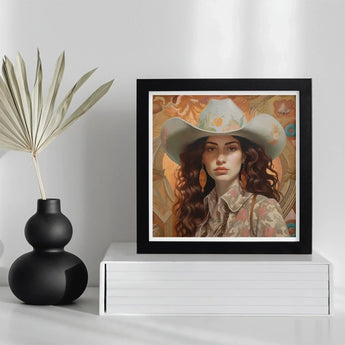 Nina - Femme Jewish Lesbian Cowgirl Art Print / Canvas Framed Artwork Woman Light-colored Floral Cowboy Hat Patterned, Gay Prints