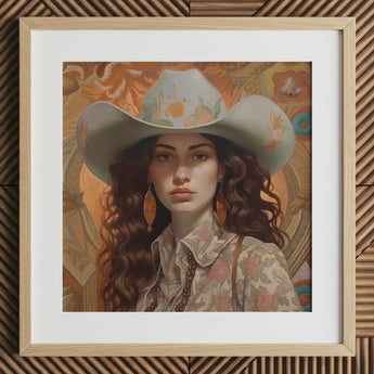 Nina - Femme Jewish Lesbian Cowgirl Art Print / Canvas Framed Portrait Woman Light Blue Floral Cowboy Hat Jewish Lesbian Cowgirl, Cowgirl