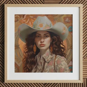 Nina - Femme Jewish Lesbian Cowgirl Art Print / Canvas Framed Portrait Woman Light Blue Floral Cowboy Hat, Gay Prints