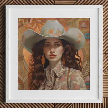 Nina - Femme Jewish Lesbian Cowgirl Art Print / Canvas Framed Portrait Woman Light-colored Cowboy Hat Adorned Floral, Gay Prints