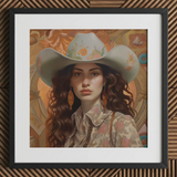 Nina - Femme Jewish Lesbian Cowgirl Art Print / Canvas Framed Portrait Woman Light-colored Cowboy Hat Adorned Floral Jewish Lesbian