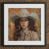 Nina - Femme Jewish Lesbian Cowgirl Art Print / Canvas Framed Portrait Woman Light-colored Cowboy Hat Adorned Floral, Gay Prints