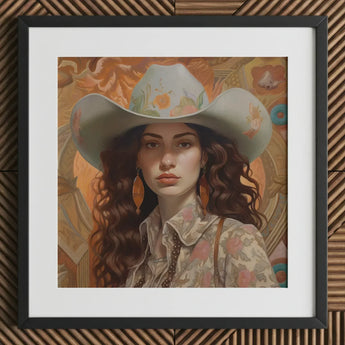 Nina - Femme Jewish Lesbian Cowgirl Art Print / Canvas Framed Portrait Woman Light-colored Cowboy Hat Adorned Floral, Gay Prints