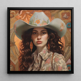 Nina - Femme Jewish Lesbian Cowgirl Art Print / Canvas Framed Portrait Woman Light-colored Cowboy Hat Adorned Floral Jewish Lesbian