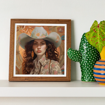 Nina - Femme Jewish Lesbian Cowgirl Art Print / Canvas Framed Portrait Woman Light Gray Cowboy Hat Floral Jewish Lesbian Cowgirl, Cowgirl