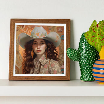 Nina - Femme Jewish Lesbian Cowgirl Art Print / Canvas Framed Portrait Woman Light Gray Cowboy Hat Floral, Gay Prints