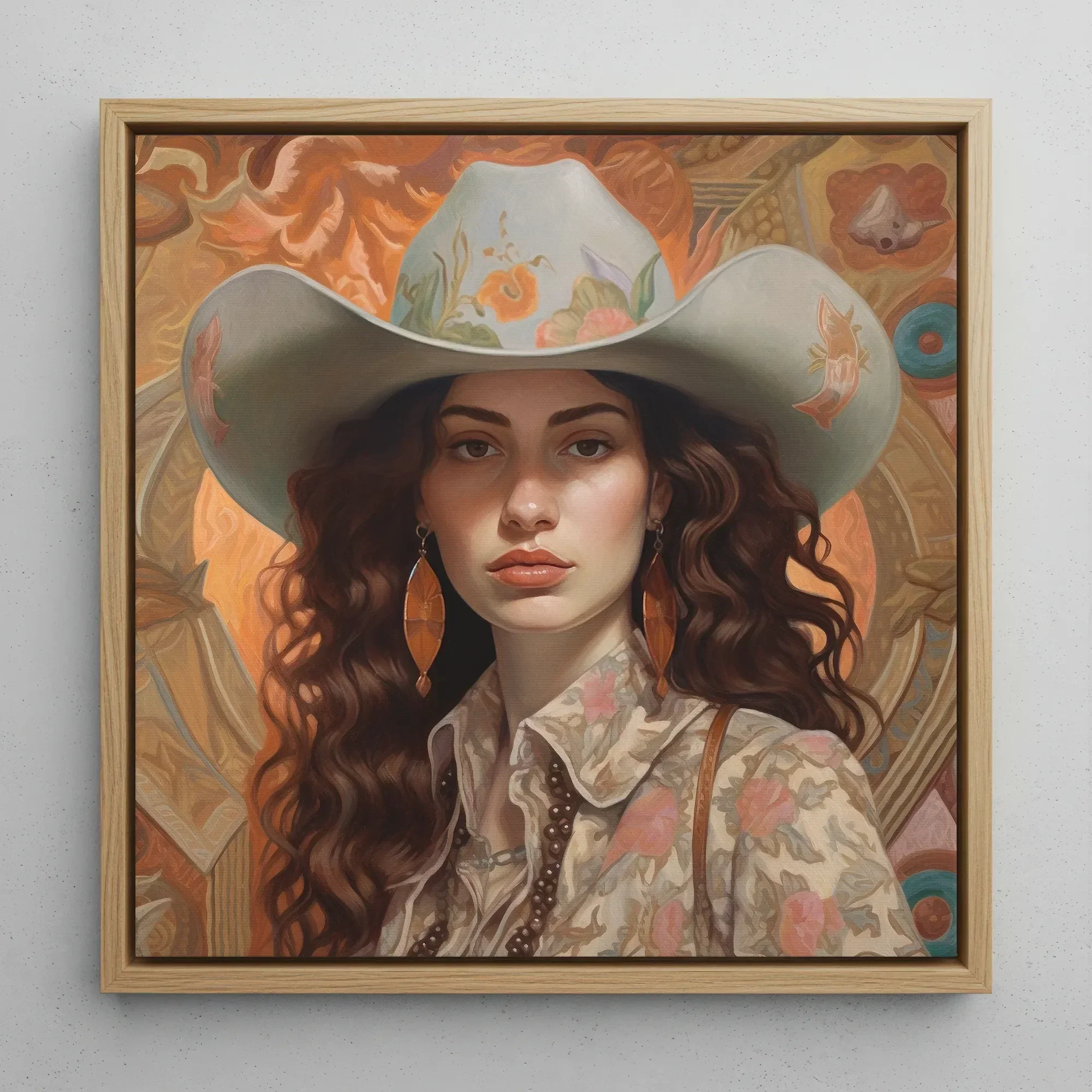 Nina - Lesbian Jewish Cowgirl Art Framed Canvas, 12x12’’ / 31x31cm / Natural Floating Frame, Framed Artwork Woman Cowboy Hat