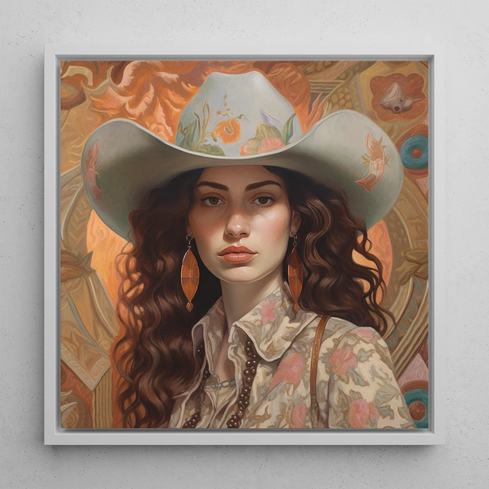 Nina - Lesbian Jewish Cowgirl Art Framed Canvas, 12x12’’ / 31x31cm / White Floating Frame, Framed Portrait Woman Cowboy Hat