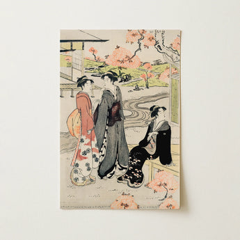 Traditional Japanese Woodblock Print Three Women Ornate Kimonos Art, Chobunsai Eishi, Hanami Pauses, Edo Afternoon