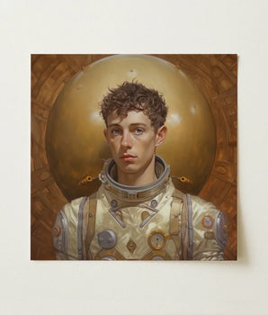Detailed Portrait Painting Young Astronaut Cream-colored Metallic Spacesuit Gay Aesthetic, Handsome, Gayest