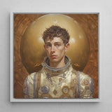 Noah - Handsome Gay Astronaut Art Print / Canvas Framed Portrait Young Cream-colored Metallic Spacesuit Gold Aesthetic, Gayest Prints