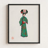 Framed Illustration Woman Traditional Chinese Attire Ornate Green Qing Dynasty Fashion, Manchu, Art