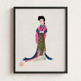 Framed Illustration Traditional Chinese Woman Ornate Pink Blue Tang Dynasty Opulence, Qing Manchu, Fashion Art