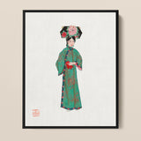 Framed Artwork Woman Traditional Chinese Attire Ornate Green Qing Dynasty Fashion, Manchu, Art