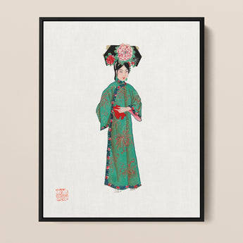 Framed Artwork Woman Traditional Chinese Attire Ornate Green Qing Dynasty Fashion, Manchu, Art