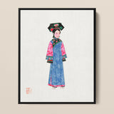 Framed Watercolor Painting Woman Traditional Chinese Attire Intricate Qing Dynasty Manchu, Fashion, Art