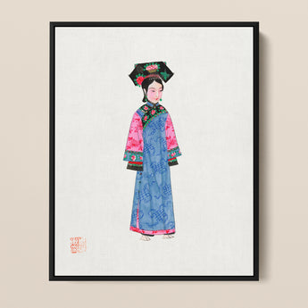 Framed Watercolor Painting Woman Traditional Chinese Attire Intricate Qing Dynasty Manchu, Fashion, Art