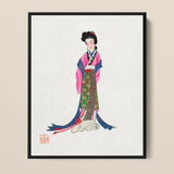 Framed Illustration Traditional Chinese Woman Ornate Pink Blue Tang Dynasty Opulence, Qing Manchu, Fashion Art