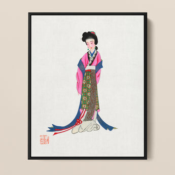 Framed Illustration Traditional Chinese Woman Ornate Pink Blue Tang Dynasty Opulence, Qing Manchu, Fashion Art