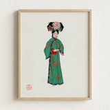 Framed Illustration Woman Traditional Green Embroidered Attire Floral Qing Dynasty Fashion, Manchu, Art