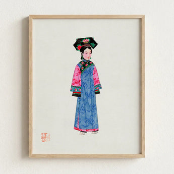 Framed Illustration Woman Traditional Chinese Attire Blue Robe Qing Dynasty Manchu, Fashion, Art