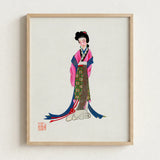 Framed Illustration Traditional East Asian Woman Ornate Pink Tang Dynasty Opulence, Qing Manchu, Fashion Art