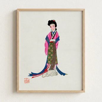 Framed Illustration Traditional East Asian Woman Ornate Pink Tang Dynasty Opulence, Qing Manchu, Fashion Art