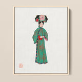 Framed Artwork Woman Traditional Chinese Attire Ornate Green Qing Dynasty Fashion, Manchu, Art