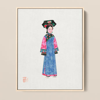 Framed Watercolor Painting Woman Traditional Chinese Attire Intricate Qing Dynasty Manchu, Fashion, Art