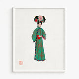 Framed Illustration Woman Traditional Chinese Attire Emerald Green Qing Dynasty Fashion, Manchu, Art