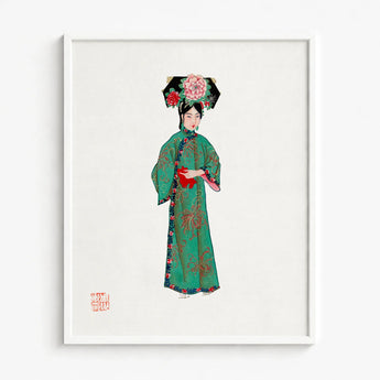Framed Illustration Woman Traditional Chinese Attire Emerald Green Qing Dynasty Fashion, Manchu, Art